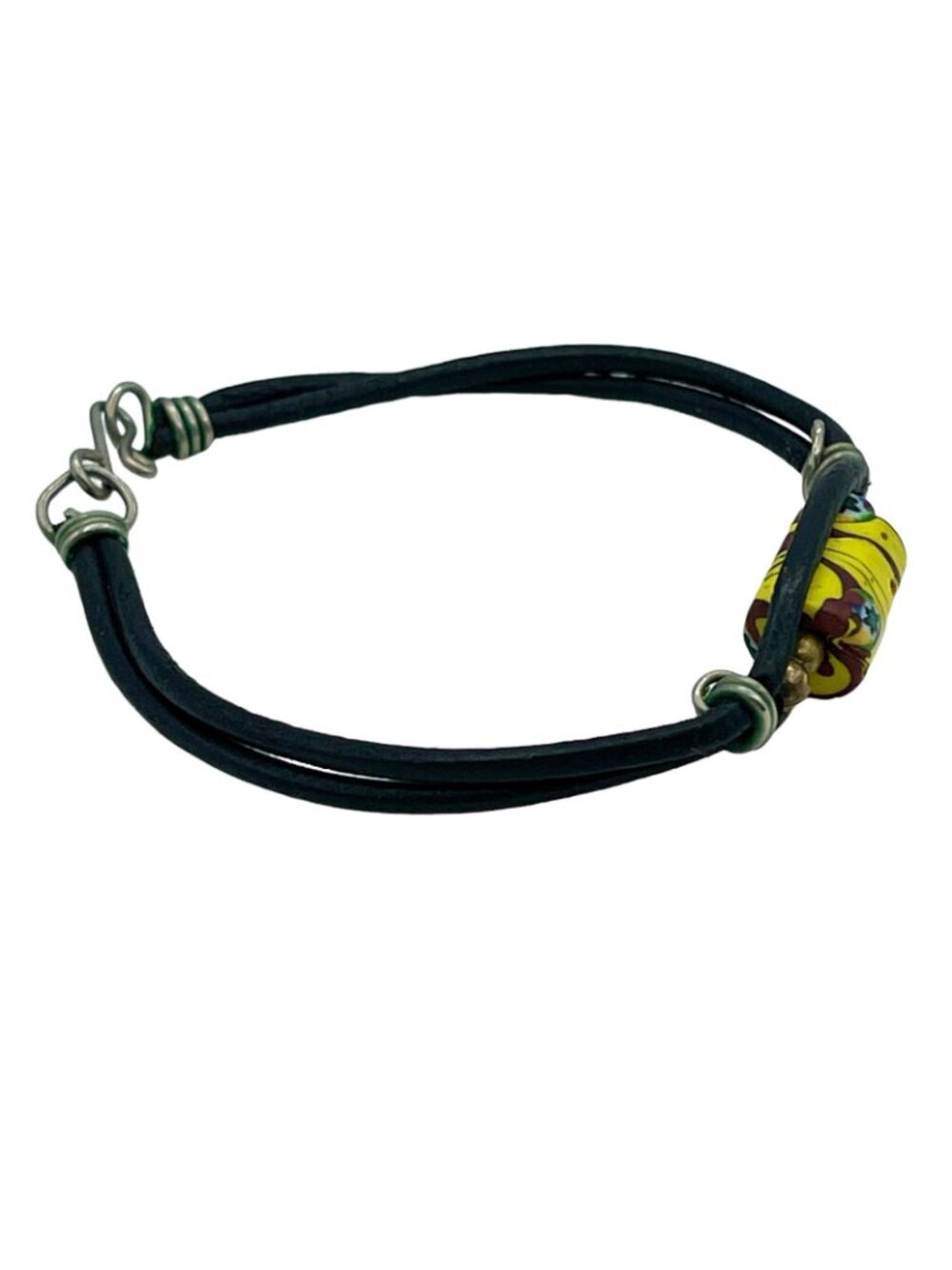 African Trading Bead Bracelet Vintage 1970s Leather Metal Hook Closure Old Bead - Picture 3 of 10